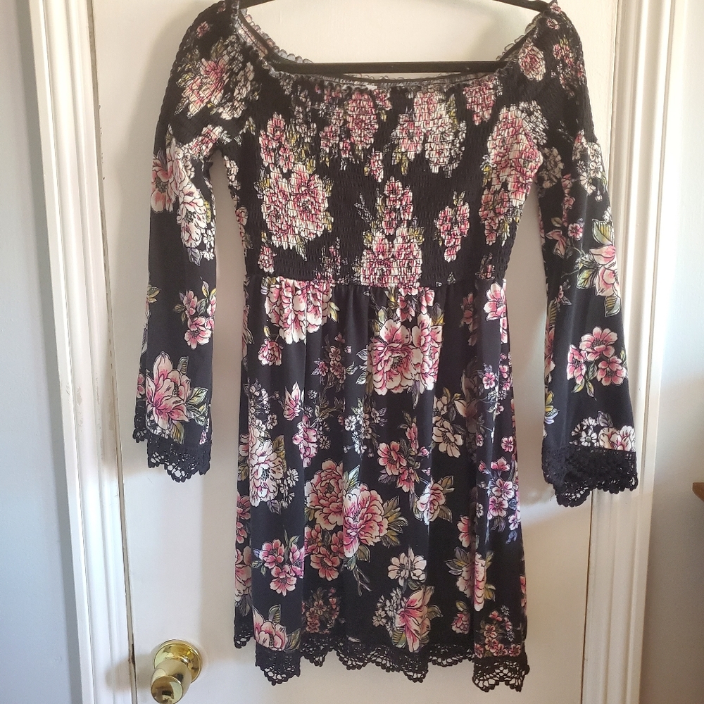 Xhilaration Floral Off The Shoulder Smocked Dress Crochet Trim Size M Whimsigoth